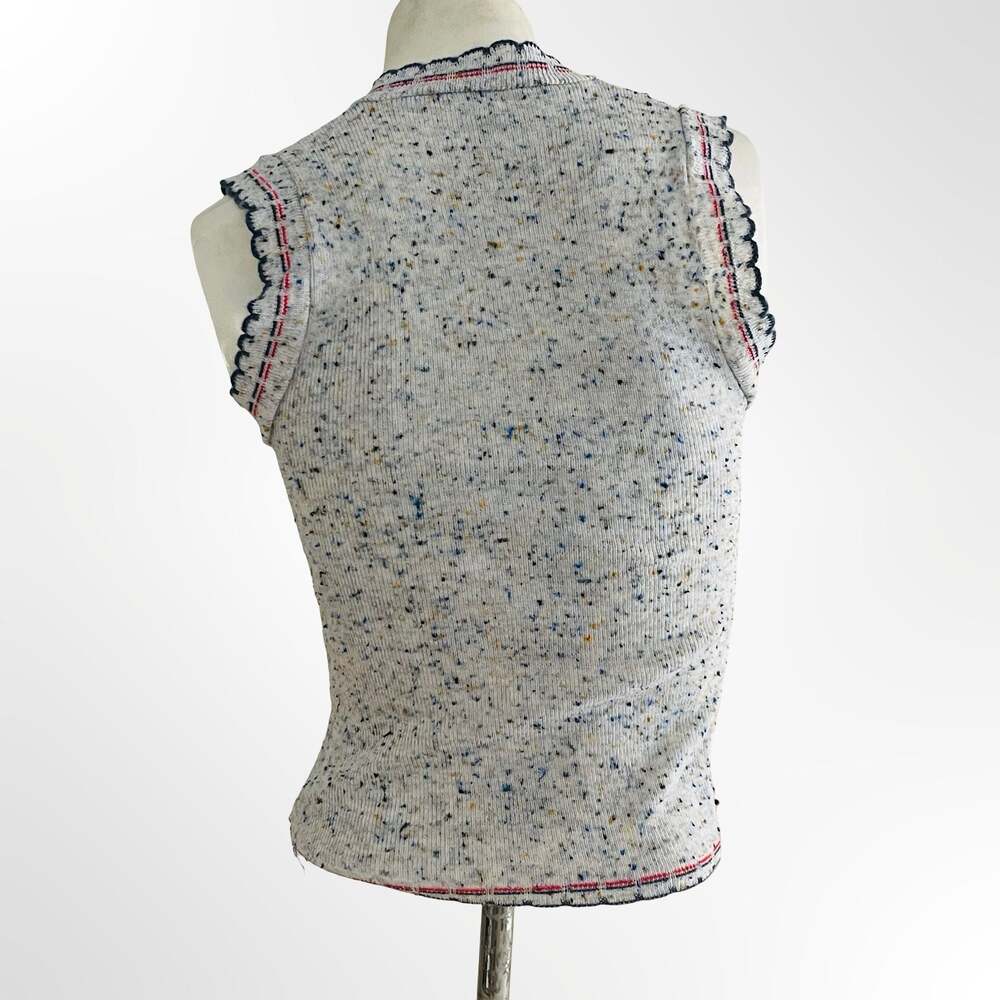 Vintage 70s Gray Heathered Rainbow Speckle Knit Vest Top With Plaid Stripe - Picture 3 of 6